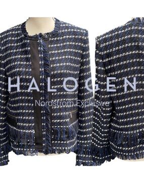 Halogen Black/Blue Tweed Fringe Zip Front Textured Blazer Jacket (M)
